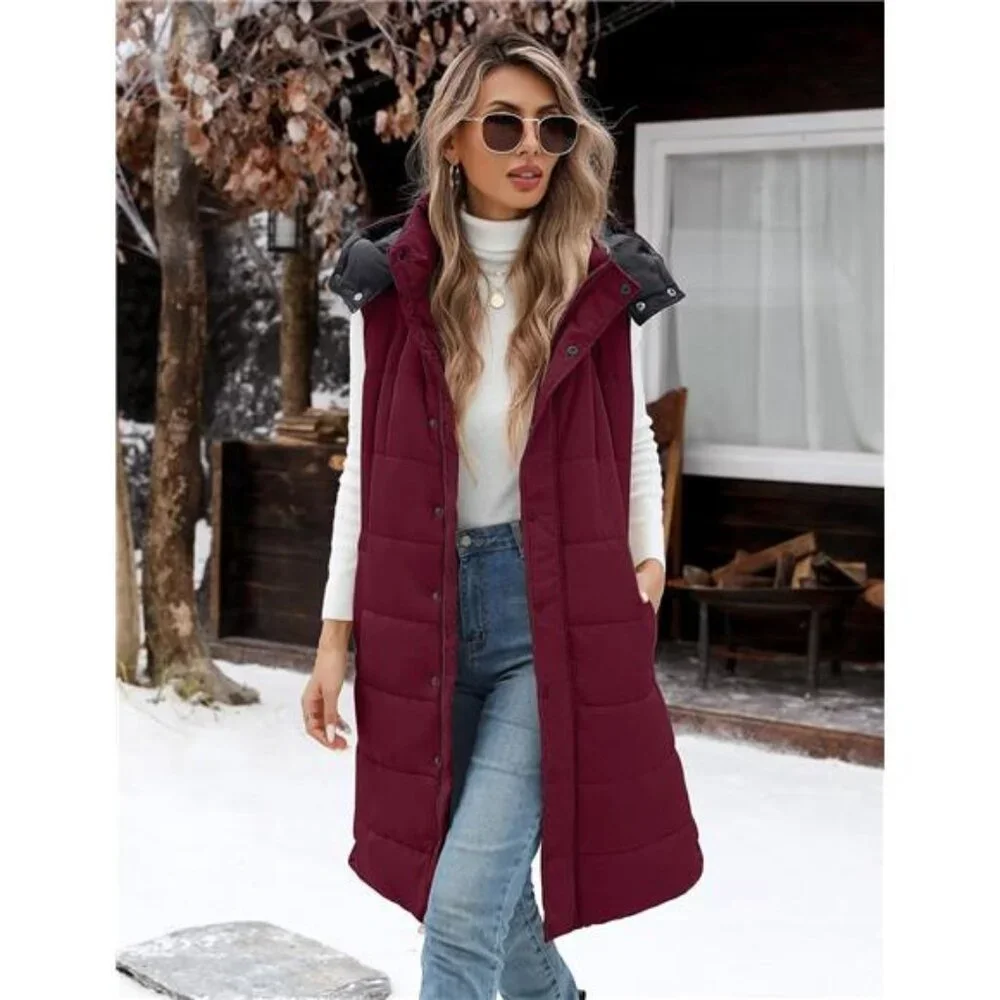Women's Long Puffer Vest Jacket Sleeveless Vest Zip Up Winter Coat - Picture 3 of 5